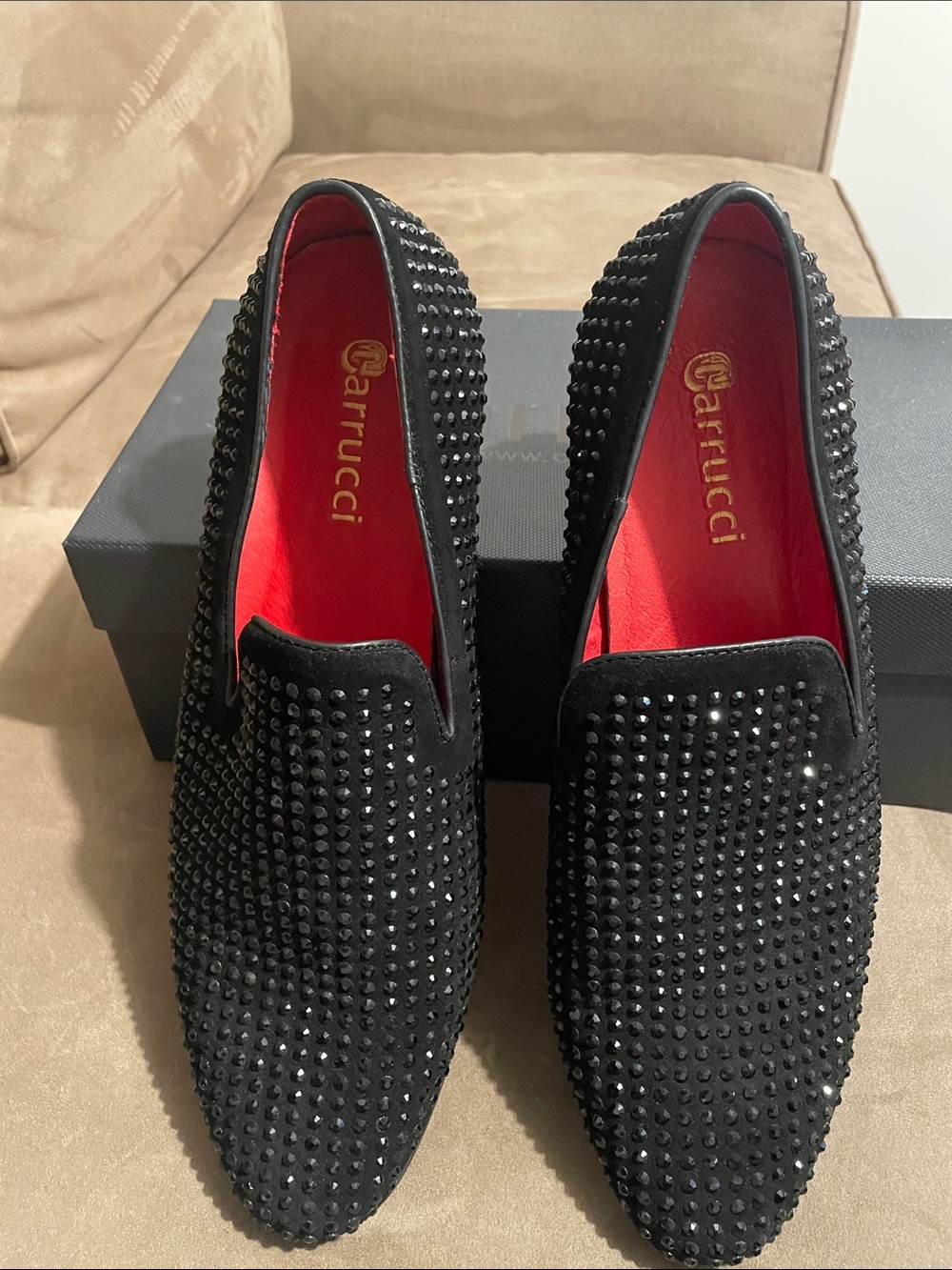 Garrucci Black Studded Velvet Slip-On Loafers with Red Interior